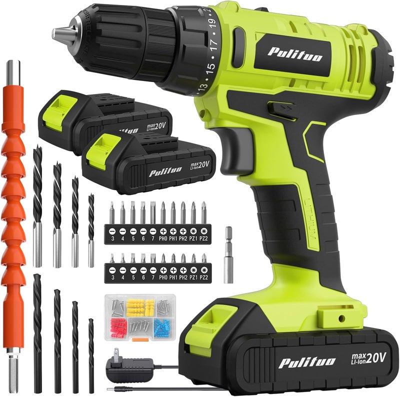 PULITUO 'S 20V Cordless Drill/Driver, Electric Screwdriver - 2 Batteries, 30Nm, 21+1 Torque, 2 Speed, Keyless 3/8" Chase Drill with LED Light, Kit for Home (Green) - Image 1